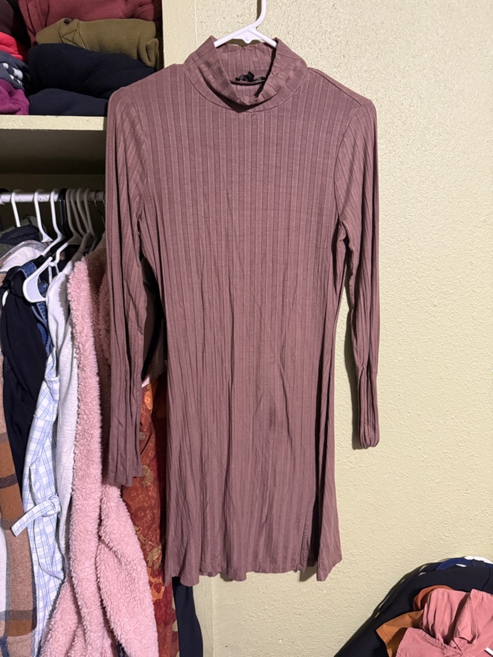 Love Tree Ribbed Mock Neck Long Sleeve Dress - Brown